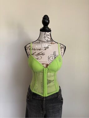 Y2K Lasenza Lime Green Cyber Coquette Baddie Corset Bustier Mesh Bra Top